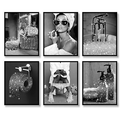 #ad Fashion Wall Art Bathroom Wall Decor Prints Set of 6 Black and White Glam Gli... $16.98