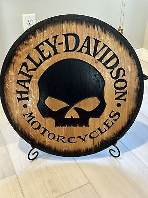 #ad Rustic Home Bar Decor Harley Davidson Bourbon Whiskey Barrel Lid wood wall art $209.00