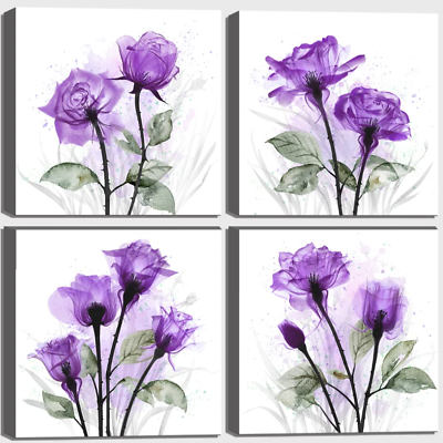 #ad Flower Wall Art for Bathroom Bedroom Kitchen Decor Rustic Roses Purple Floral Ca $51.87
