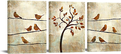 #ad 3 Panel Wall Art Canvas Abstract Tree and Birds Painting Picture $61.99