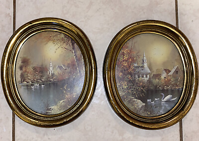 #ad Set Of 2 Oval Vintage Home Interior Swan Pictures Water Church Ducks 7”W X 8”T $19.00
