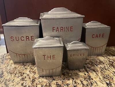 #ad Antique French Kitchen Nesting Canisters Metal Art Deco Set Of 5 $88.00