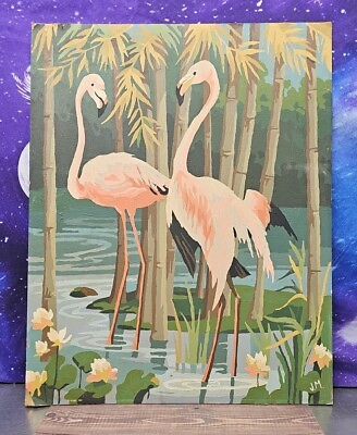 #ad Vintage Painting Flamingo Original Mid Centry Modern On Board Paint By Number $99.99