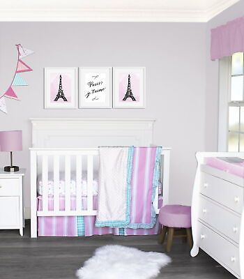 #ad Crib Bedding Set 4 Piece Cotton polyester Blanket Bunting Bed Skirt Sheet Pink $96.10