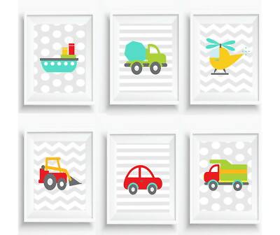 #ad Wall Art Nursery Home Decor Colorful Toy Vehicles Set of 6 Prints $15.30