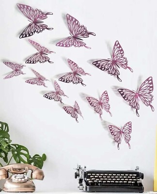 #ad NEW 12 pc 3D Metallic Hot Pink Hollow Wings Butterflies Posable Wall Decor Set $15.99