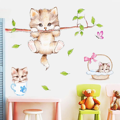 #ad Cute Cat Wall DecalsRemovable Cat Tree Branches Butterfly Wall Stickers for Kid $18.61