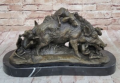 #ad Bronze Art Deco Farm Decor Happy Pig Boar Wild Dog Dogs Marble Sculpture Decor $249.50