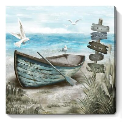 #ad Bathroom Wall Art Coastal Décor Nautical Boat on Beach Canvas Picture 14x14inch $30.11