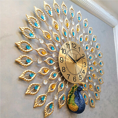 24quot; Luxury Large Wall Clock 3D Peacock Modern Wall Watch Living Room Home Decor $61.98