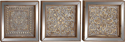 #ad Metal Floral Embossed Wall Decor with Mirror Panels Set of 3 15quot;W 16quot;H Gold $75.92
