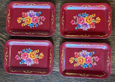 #ad #ad Vintage Small Metal Tin Tole Ware Floral Snack Trays Set of 4 Red w Red Roses $15.00