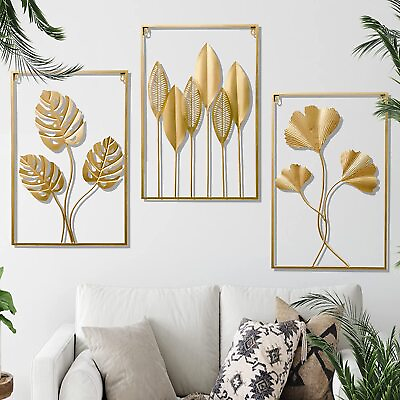 #ad 3 PCS Gold Metal Wall Decor 24quot; X 16quot; Golden Leaf Wall Hanging Decor with Frame $39.95