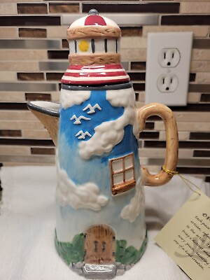 #ad Vintage House of Lloyd Hand Painted Lighthouse Teapot w Sailboat Brewing Basket $12.99
