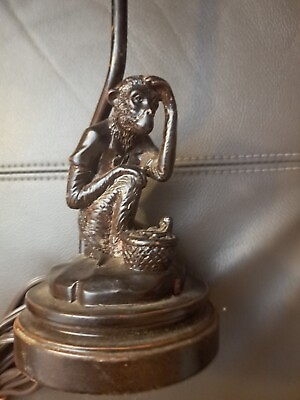 #ad Vintage Monkey Chimp Watching Over Fruit Basket Lamp Bronze Colored Resin $55.00