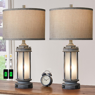 #ad Set of 2 Farmhouse Table Lamps with Usb Ports Bedroom Rustic for Living Room $133.51