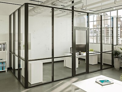 #ad #ad CGP Glass Aluminum 2 Wall Office Partition System wDoor 14#x27;x6#x27;x9#x27; Black Painted $5276.00