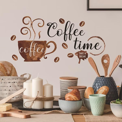 #ad Coffee Tea Cup Wall Stickers Murals Coffee Beans Vinyl Wall Decals Coffee Time Q $18.61