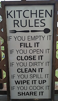 #ad Shabby White Metal Kitchen Rules Sign 28x14 $35.00