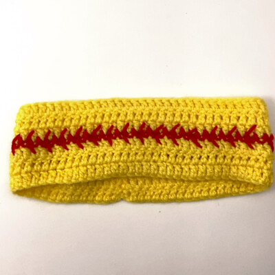 #ad Yellow home knit winter headband with red stripe stitching $15.84