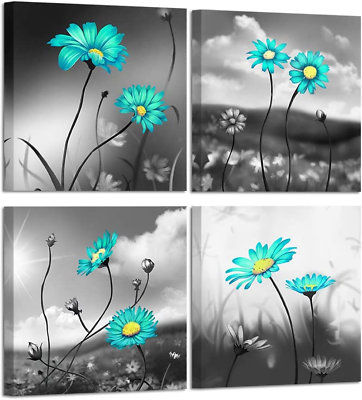 #ad Teal Daisy Black and White Flower Canvas Wall Art Picture Prints on Ca $52.40