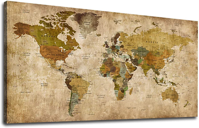#ad Vintage World Map Wall Art Canvas Picture Large Antiqued Map of the World Canvas $68.99