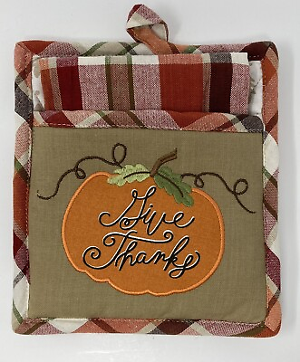 #ad GIVE THANKS Potholder with Matching Kitchen Towel Pumpkin Plaid Fall Colors $5.99