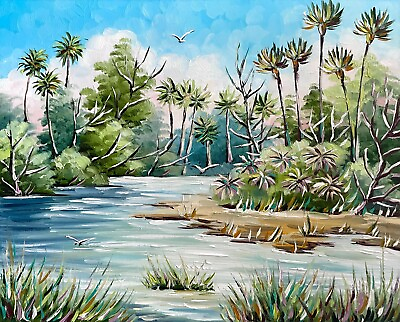 #ad Oil Painting Original Art Florida Wildlife Landscape Palm Trees Scenery 8x10`` $45.00
