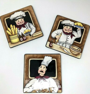 #ad Fat Chef Themed Ceramic Wall Plaques by Home Interiors Size 6 inch Set Of 3 $15.00