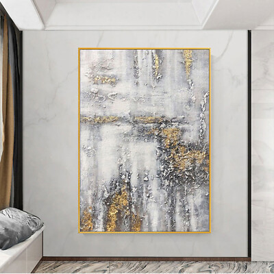 #ad Modern wall art painting abstract Handmade Oil Painting Gold And Gray Hanging $99.60