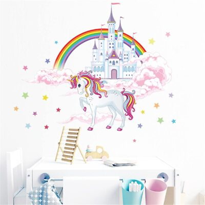 #ad #ad Unicorn Wall Stickers Unicorn Wall Decals with Rainbow Castle Removable Wall Art $18.53