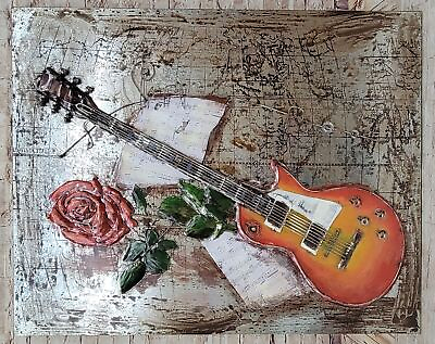 #ad Guitar and Rose 3D Wall Art Painting on Metallic Canvas $299.00