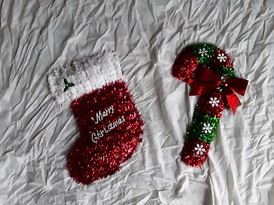 #ad Vintage Tinsel Christmas Wall Decorations Candy Cane Stocking Lot $19.97