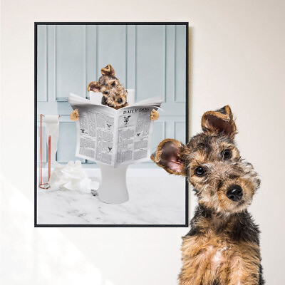 #ad Custom Photo Pet Portrait Dog Reads Newspaper Funny Bathroom Canvas Wall Art $18.95