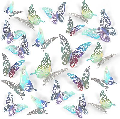 #ad 72 Pcs Butterfly Wall Stickers 3D Butterfly Wall Decor Rainbow Silver Butterfly $15.29