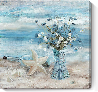 #ad Bathroom Decor Wall Art Blue Beach Picture Ocean Theme Flower Canvas Print Moder $28.81