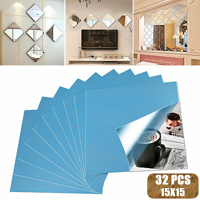 #ad #ad 32pcs Mirror Tiles Self Adhesive Back Square Bathroom Decor Wall Stickers Mosaic $12.98