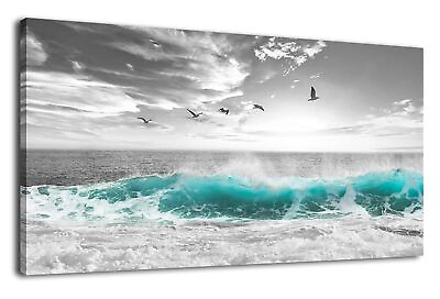 #ad Large Ocean Waves Canvas Wall Art for Living Room Wall Decor Teal Blue Sea Be... $240.58