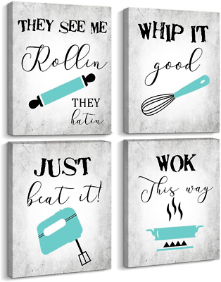 #ad #ad Turquoise Kitchen Canvas Wall Art 4 Pieces Funny Kitchen Rules Songs $47.99