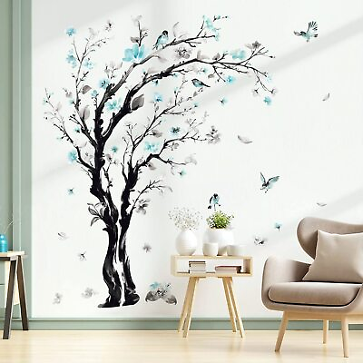 #ad Large Watercolor Tree Wall Decals Blue Flower Branch Wall Stickers Living Roo... $34.32