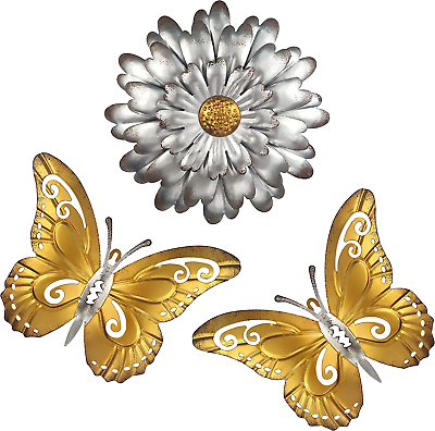 #ad Joybee 3Pcs Metal Flower with Butterfly Wall Decor Wall Art Decorations Flower $37.49