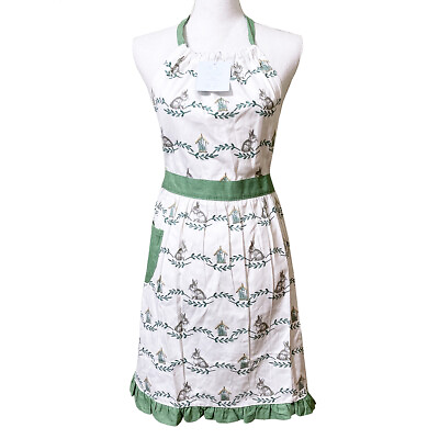#ad Bunny Birdhouse Kitchen Hostess Apron Bloom Green Garland Cotton Spring Easter $30.76