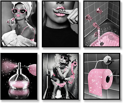 #ad Fashion Wall Art Bathroom Wall Decor Prints Set of 6 Black and White Glam Glitte $30.89