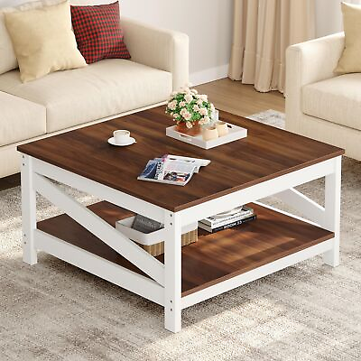 #ad Farmhouse Coffee Table with Storage 2 Tier Square Cocktail Table for Living Room $71.98