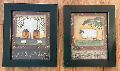 #ad 2 Pat Fischer Framed Folk Art Prints Primitive 10.5quot;W x 12.5quot; Sheep quot;Peggyquot; $39.99