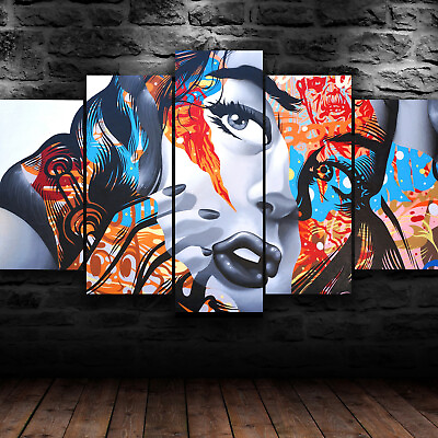 #ad Abstract Girl Grafitti Mix Colourful 5 Piece Canvas Wall Art Print Home Decor $130.65