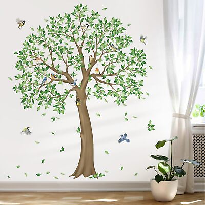 #ad Large Green Tree Wall Stickers Falling Leaves Birds Wall Decals Living Room B... $34.32