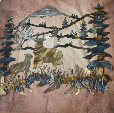 #ad #ad Cabin Wall Decor Metal art nature Plasma Cut Mountain Deer Scene Home Design 36quot; $295.00