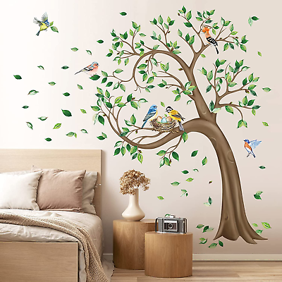 #ad Large Green Tree Wall Stickers Flying Leaves Birds Wall Decals Bedroom Living Ro $32.71