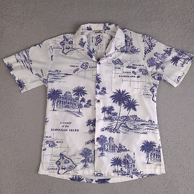 #ad #ad Vintage CT Hawaii Fashions Hawaiian Shirt Mens Large White Blue BUTTON MISSING $9.95